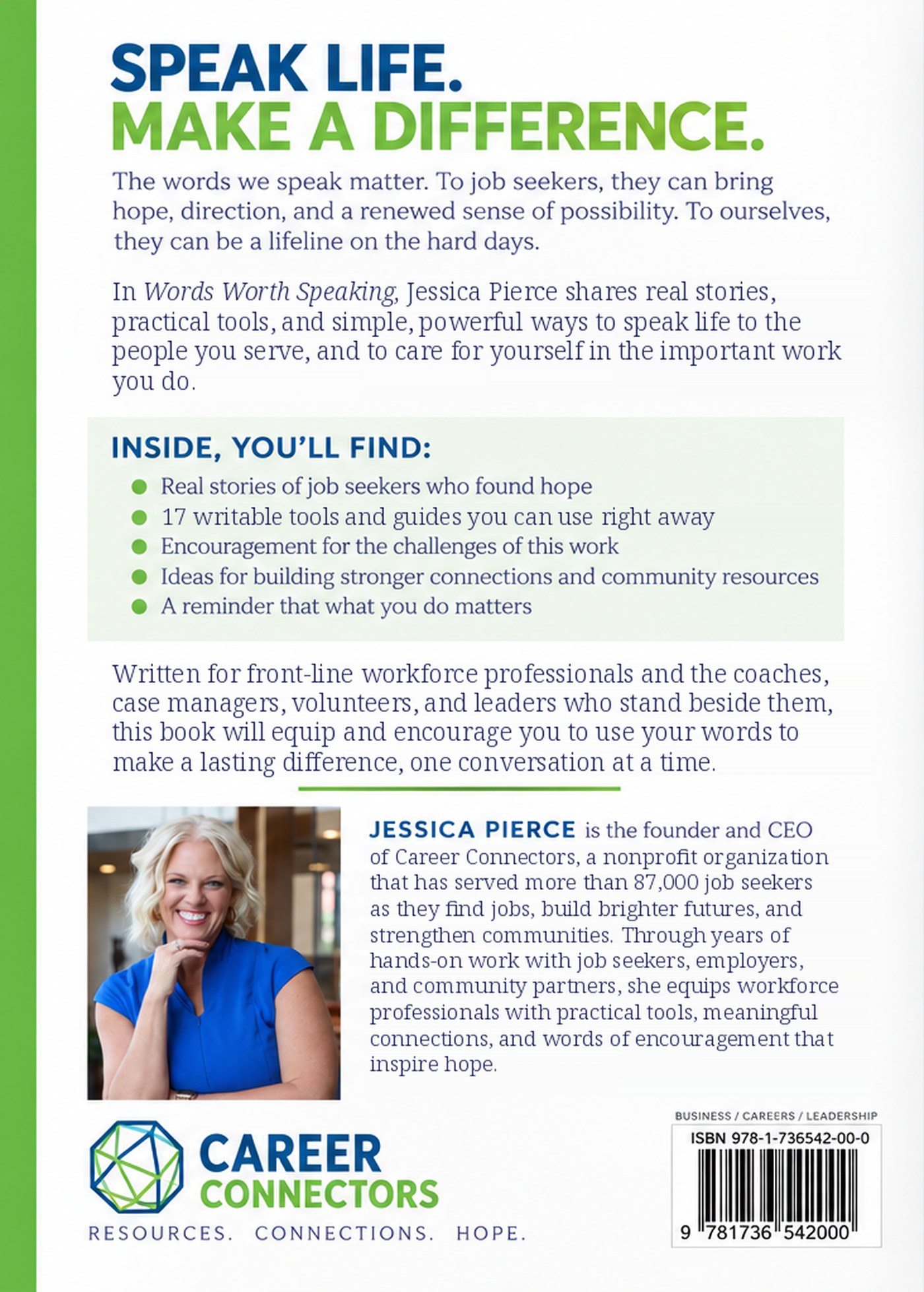 Back cover of Words Worth Speaking. Speak Life. Make a Difference. Inside you will find real stories, 17 writable tools and guides, encouragement, and ideas for building stronger connections. About author Jessica Pierce, founder and CEO of Career Connectors.